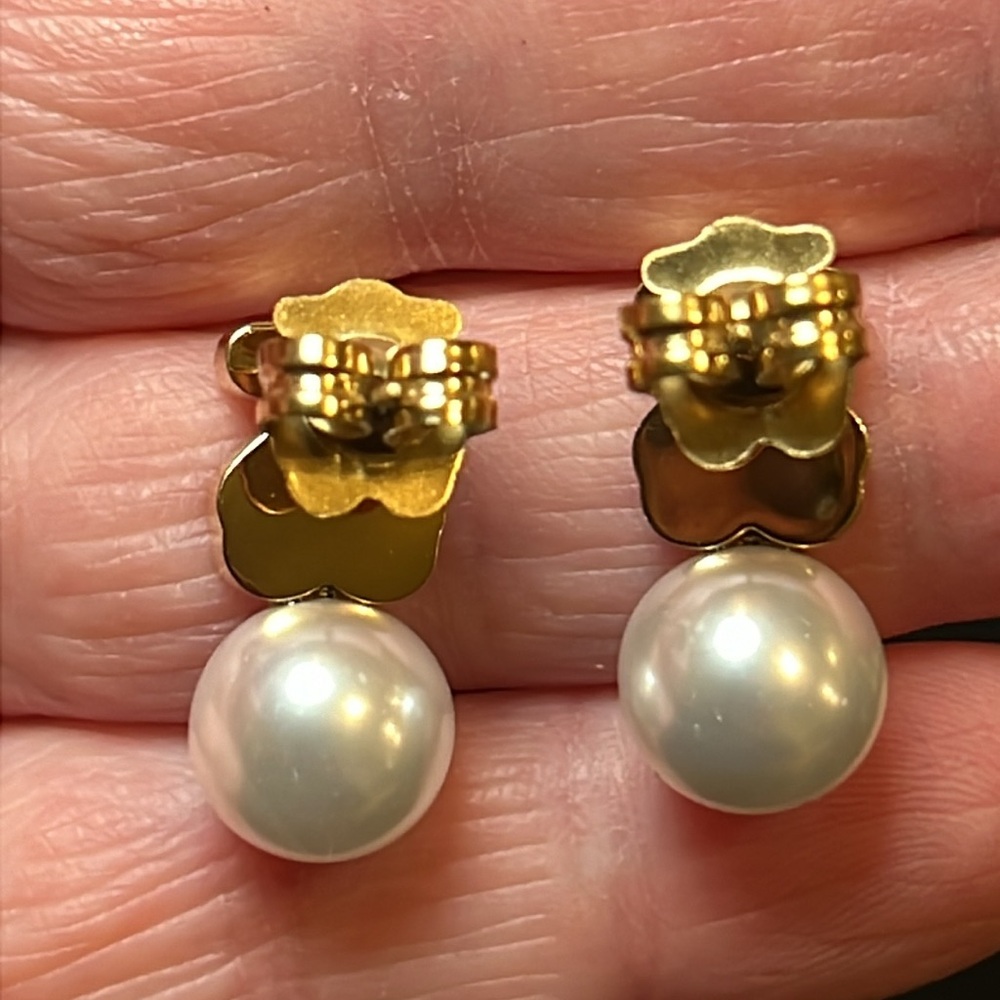 Gold Teddy Bear Faux Pearl Stud Earrings - Style of Tous - Picture 2 of 3